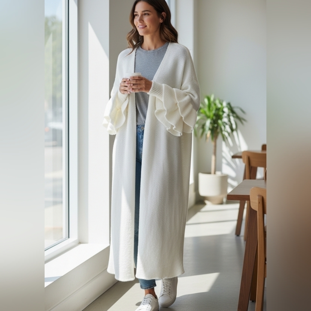 BooHoo Women's White Bell Sleeve Open Front Long Sweater Cardigan OverSize S/M